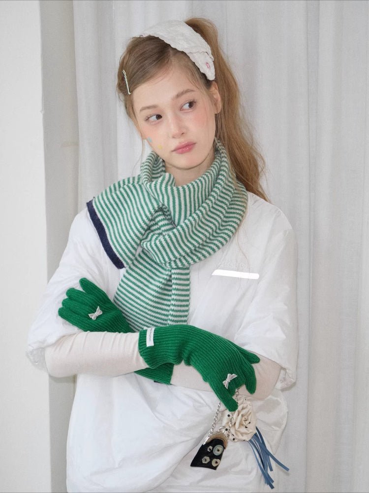 Green Striped Faux Cashmere Scarf Navy Trim Winter - WEUXS