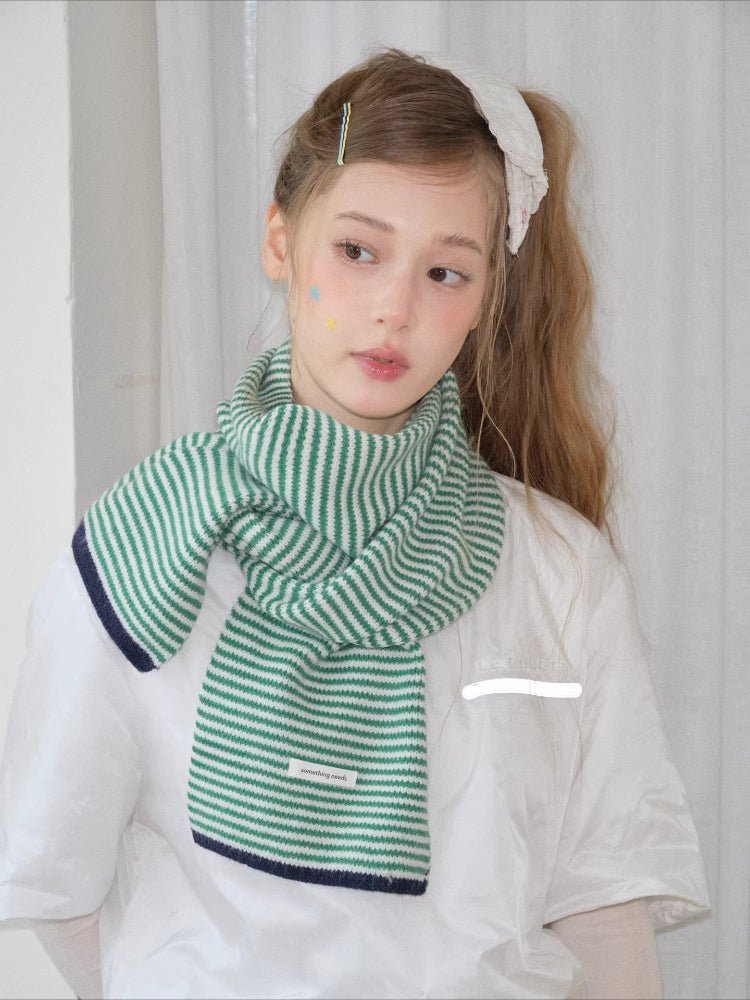 Green Striped Faux Cashmere Scarf Navy Trim Winter - WEUXS