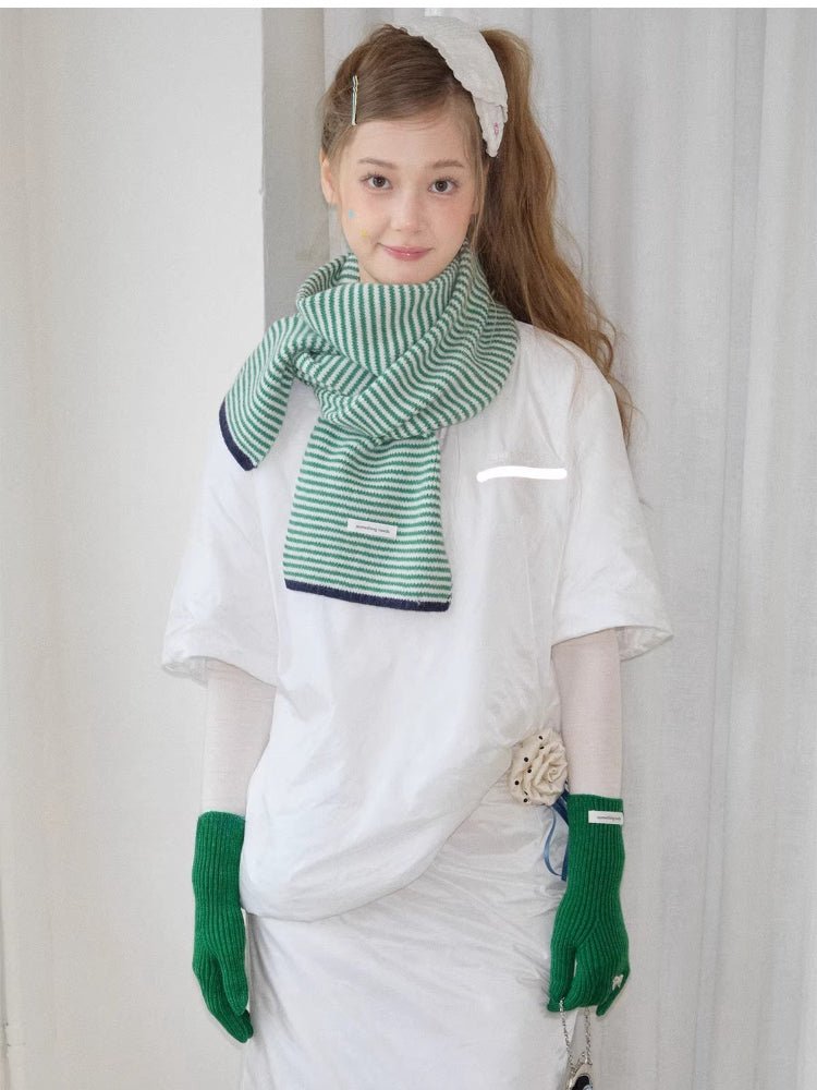 Green Striped Faux Cashmere Scarf Navy Trim Winter - WEUXS
