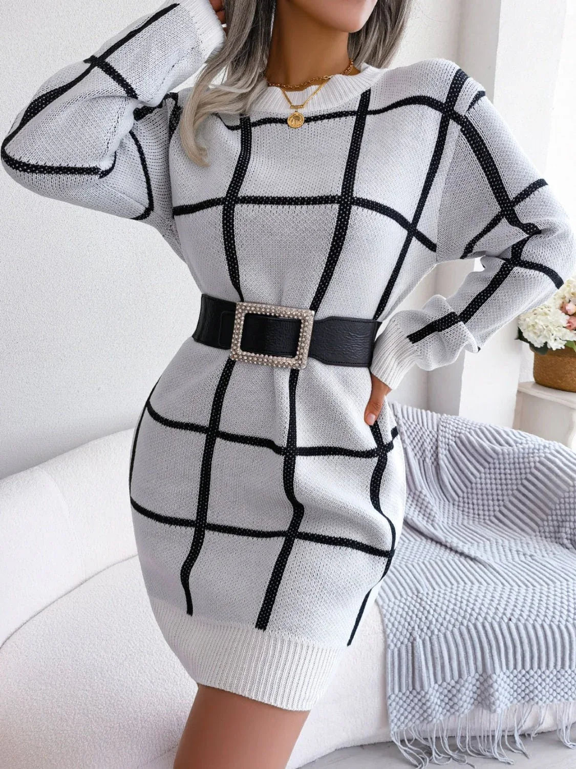 Windowpane Plaid Knit Sweater Dress - View 6 | WEUXS