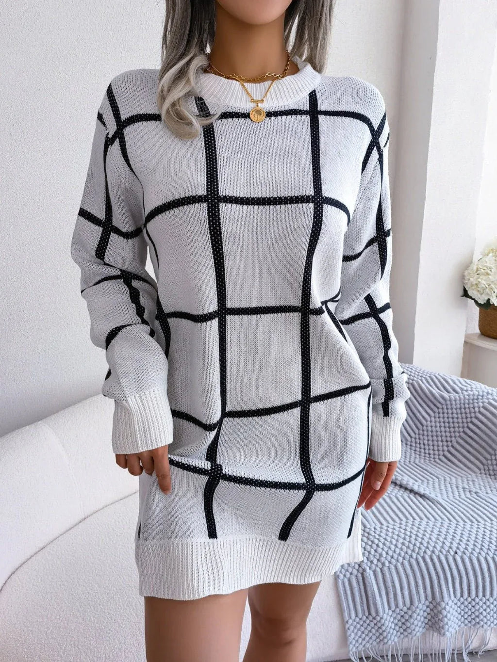 Windowpane Plaid Knit Sweater Dress - View 8 | WEUXS