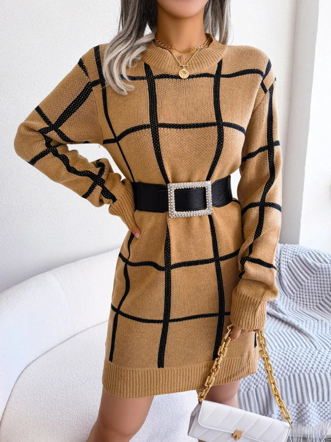 Windowpane Plaid Knit Sweater Dress - View 10 | WEUXS