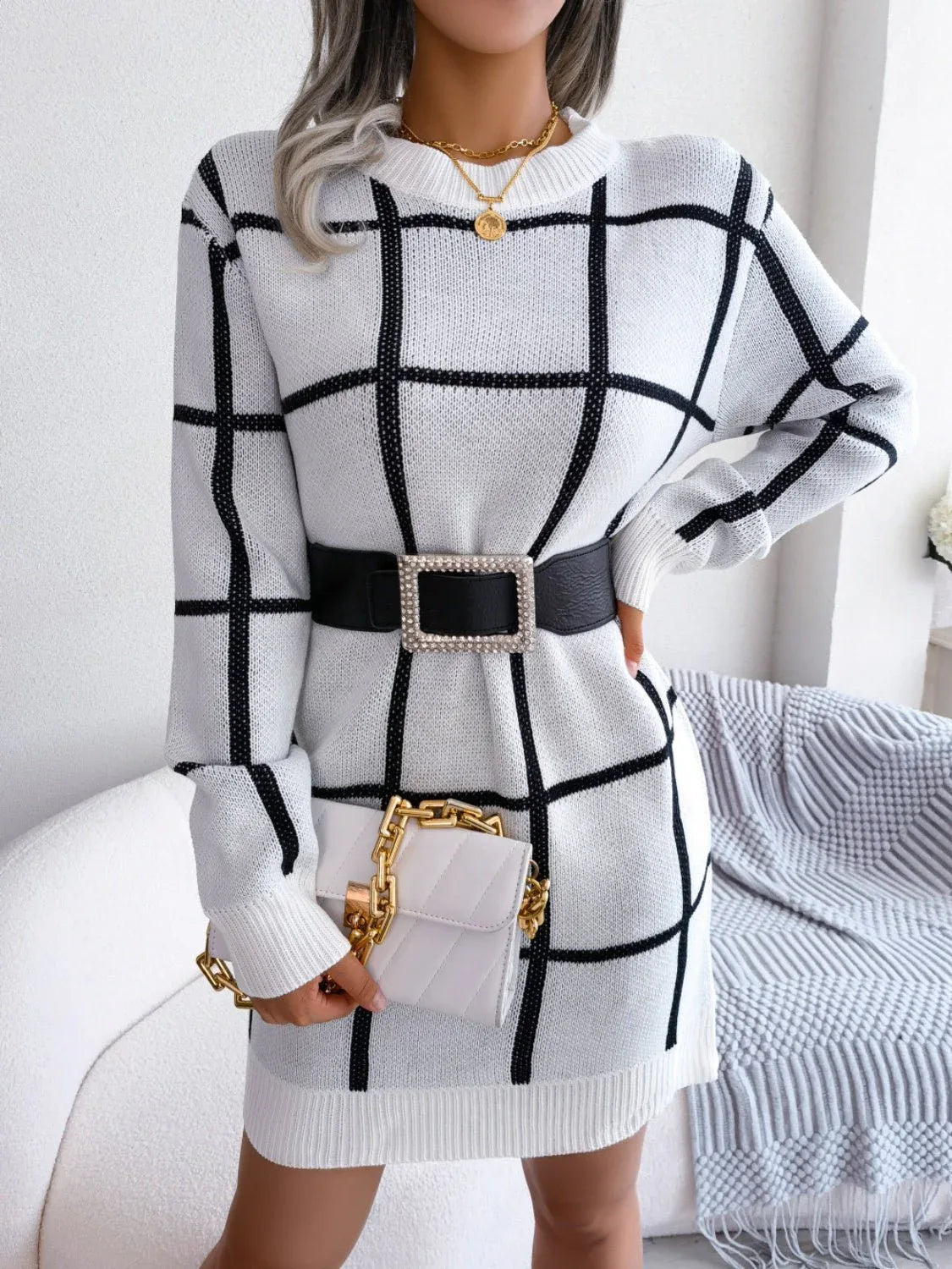 Windowpane Plaid Knit Sweater Dress - View 7 | WEUXS