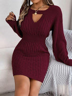 Grey Cable Knit Cutout Sweater Dress - View 7 | WEUXS