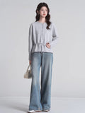 Grey Drawstring Waist Knit Cardigan Sweater - WEUXS