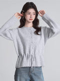 Grey Drawstring Waist Knit Cardigan Sweater - WEUXS