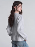 Grey Drawstring Waist Knit Cardigan Sweater - WEUXS