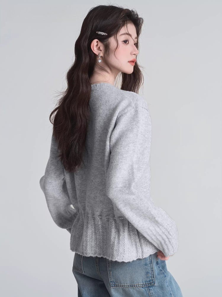 Grey Drawstring Waist Knit Cardigan Sweater - WEUXS