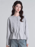 Grey Drawstring Waist Knit Cardigan Sweater - WEUXS