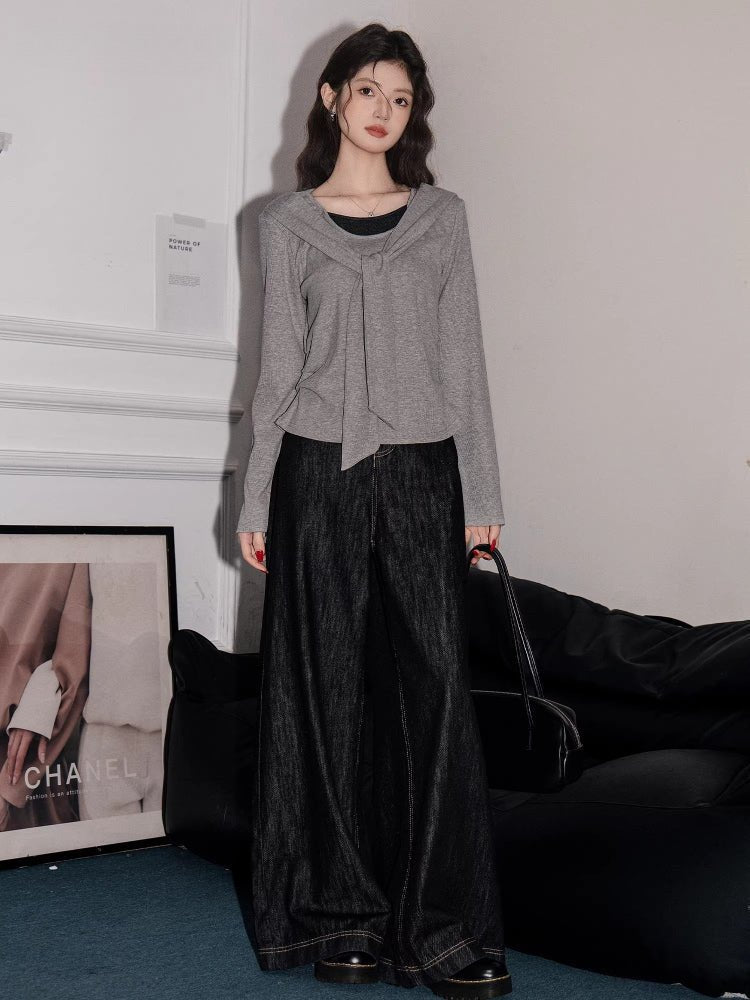 Grey Faux Layered Tie - Neck Knit Top - WEUXS