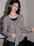 Grey Faux Layered Tie - Neck Knit Top - WEUXS