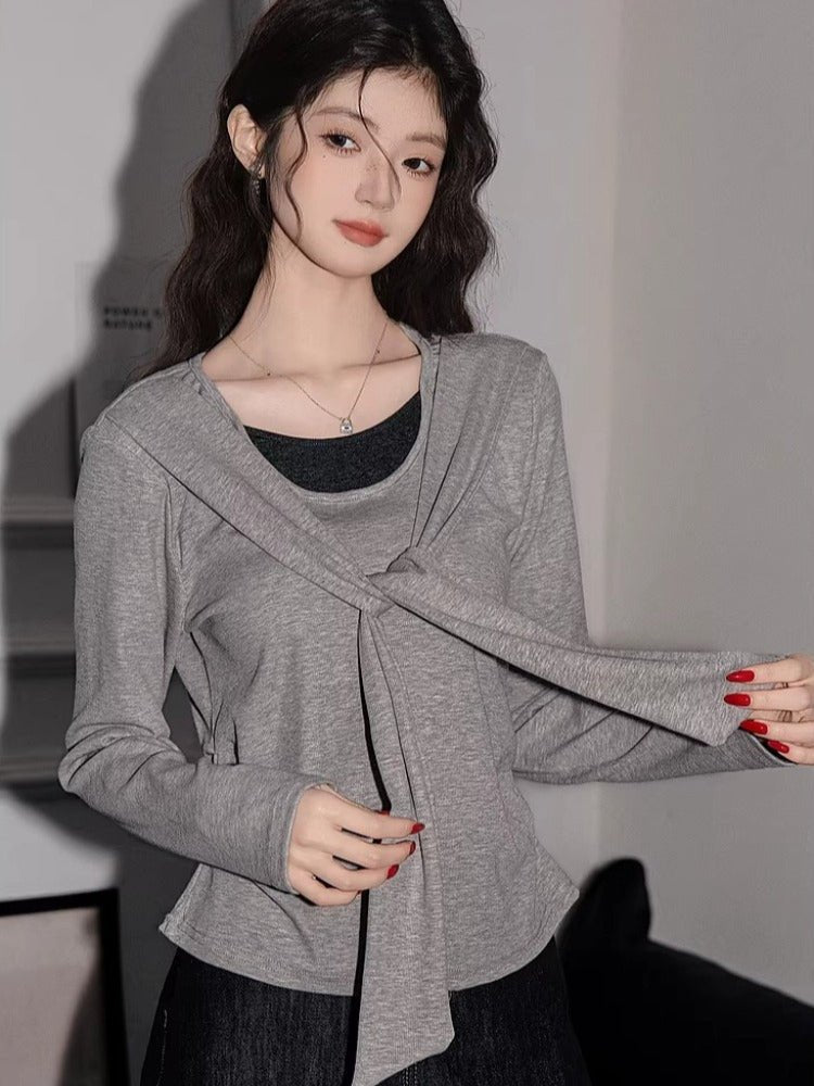 Grey Faux Layered Tie - Neck Knit Top - WEUXS