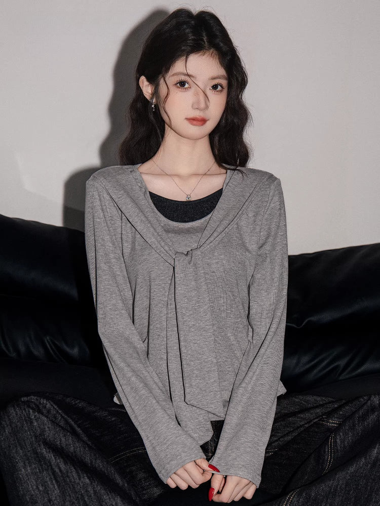 Grey Faux Layered Tie - Neck Knit Top - WEUXS