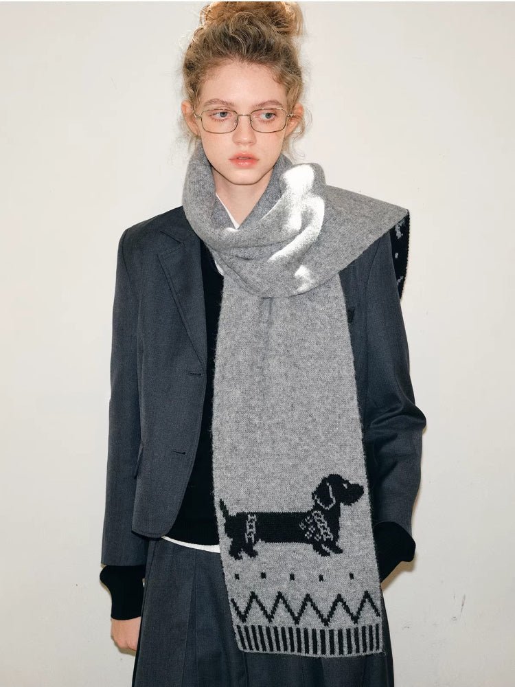 Full body shot of a woman styled with a grey dachshund scarf