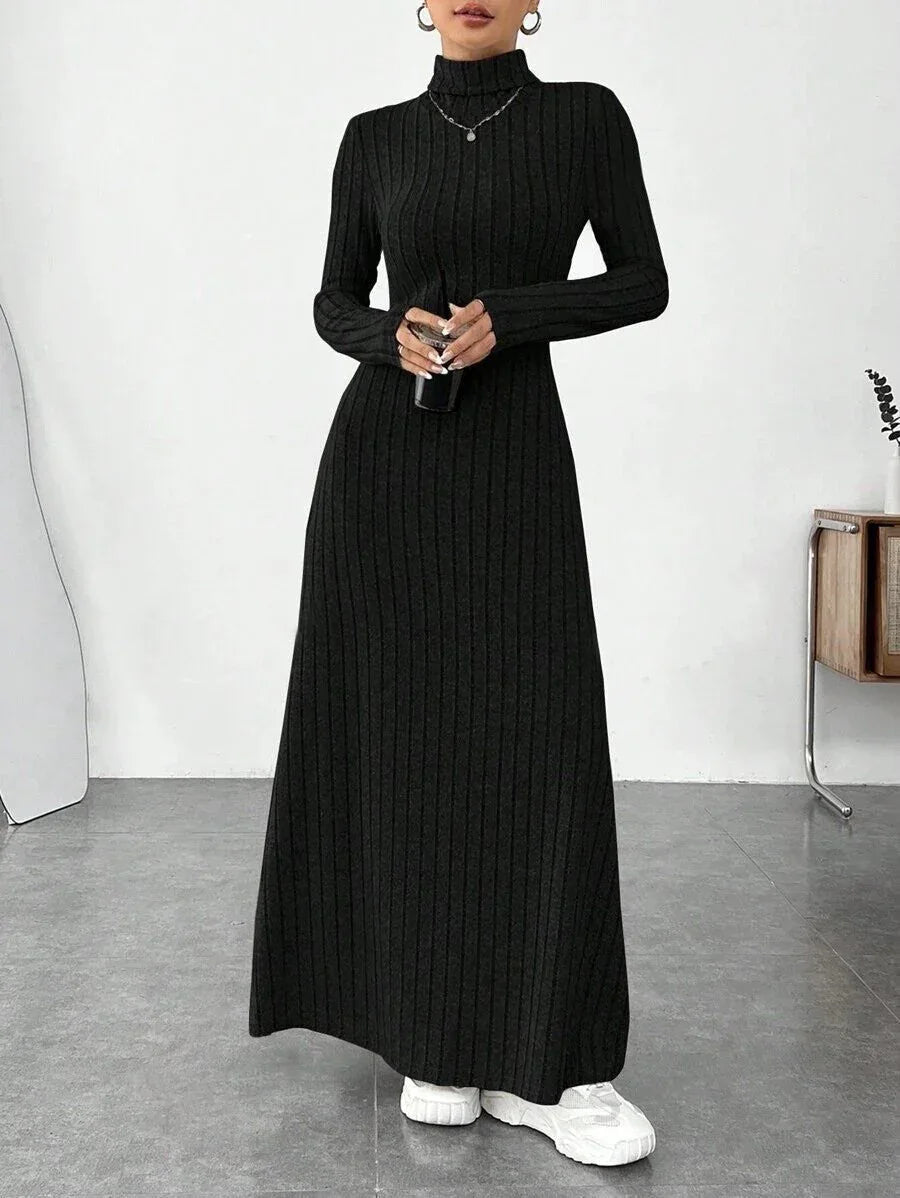 Ribbed Knit Turtleneck Maxi Dress - View 6 | WEUXS