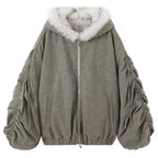 Grey bomber jacket with white faux fur hood and ruched sleeves displayed front-on