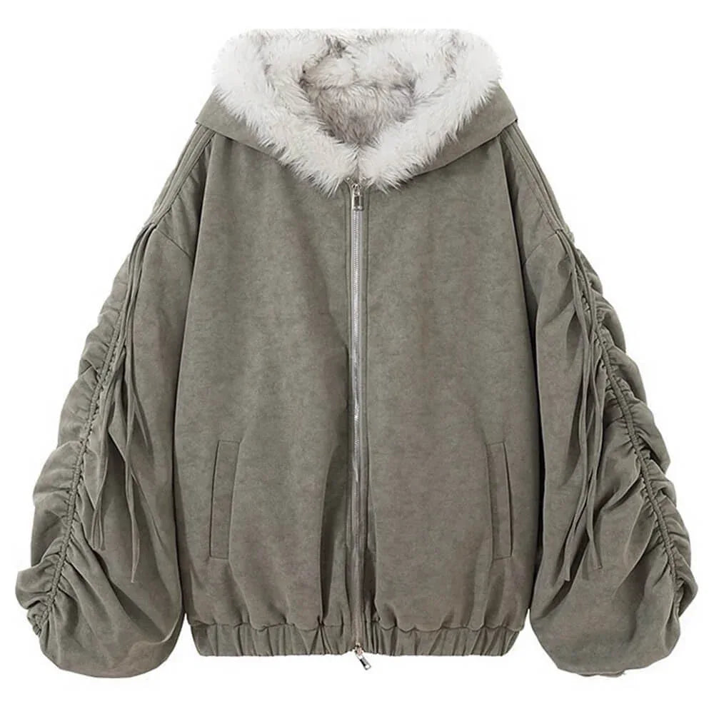Grey bomber jacket with white faux fur hood and ruched sleeves displayed front-on