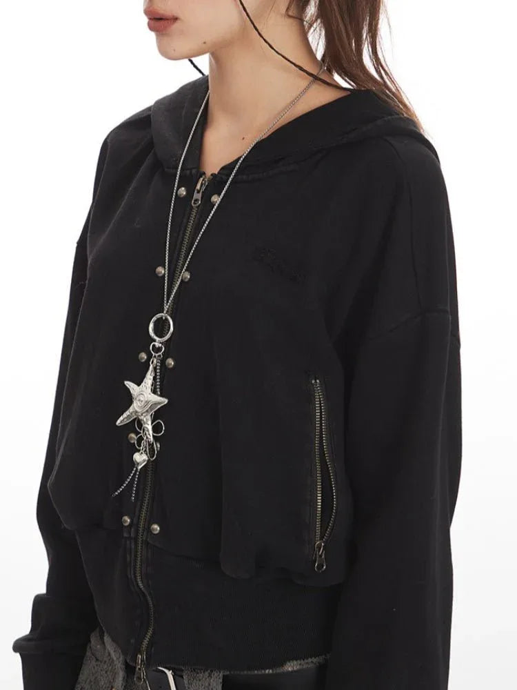 Distressed cropped zip-up hoodie - View 6 | WEUXS