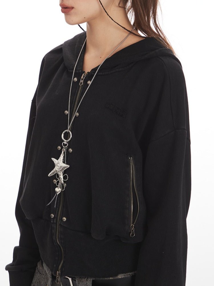 Grunge Y2K Distressed Cropped Zip - Up Hoodie - WEUXS