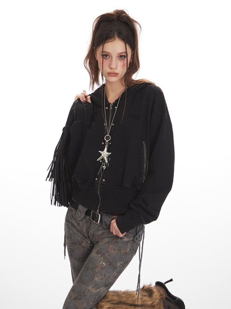 Grunge Y2K Distressed Cropped Zip - Up Hoodie - WEUXS