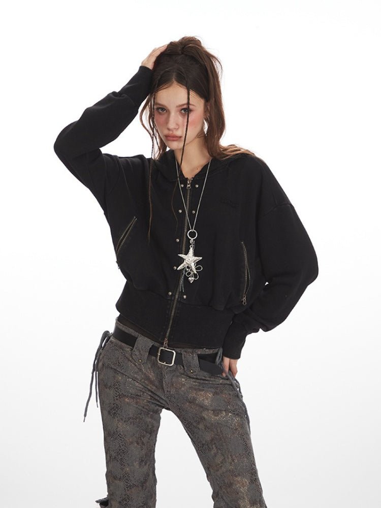 Grunge Y2K Distressed Cropped Zip - Up Hoodie - WEUXS