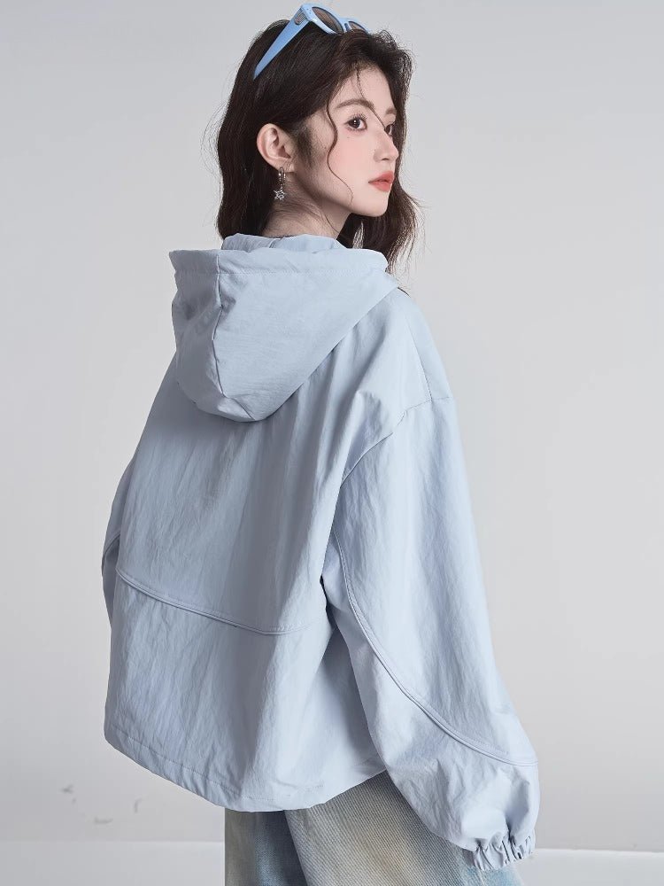 Hooded Zip - Up Windbreaker Jacket Light Blue - WEUXS