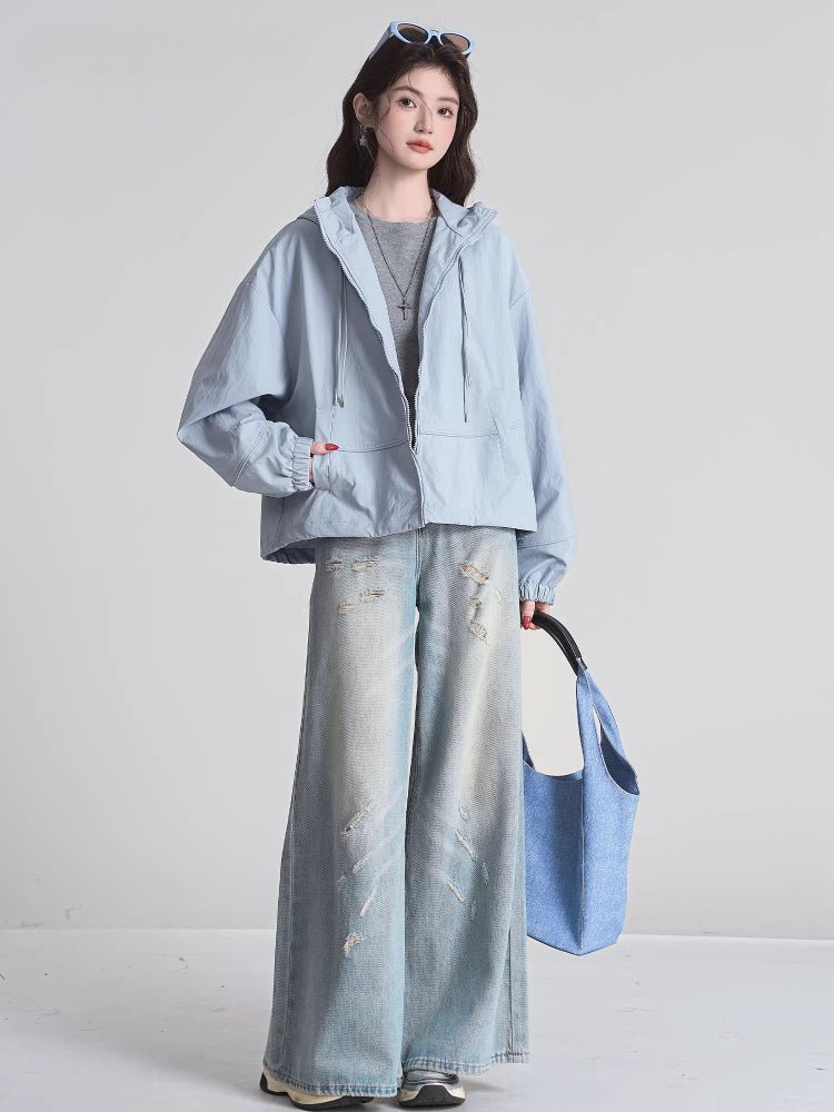 Hooded Zip - Up Windbreaker Jacket Light Blue - WEUXS