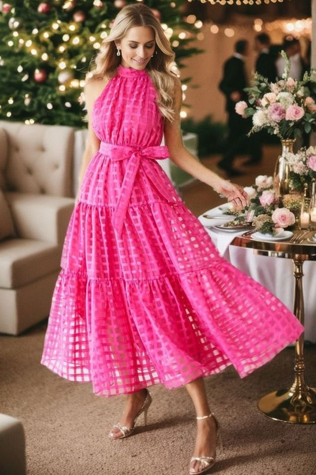 Check Halter Neck Tie Waist Maxi Dress | Dress In Beauty