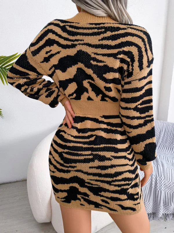 back view of a woman in a tan and black tiger print knit dress