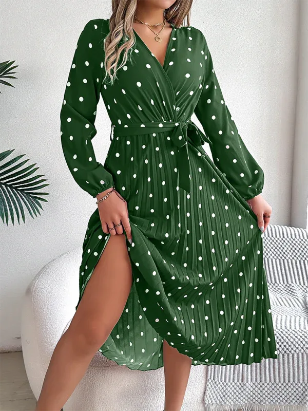 Vintage Burgundy Polka Dot Pleated Maxi Dress - View 21 | WEUXS
