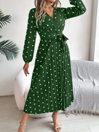 Vintage Burgundy Polka Dot Pleated Maxi Dress - WEUXS