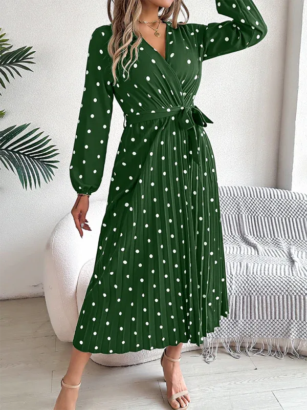 Vintage Burgundy Polka Dot Pleated Maxi Dress - WEUXS