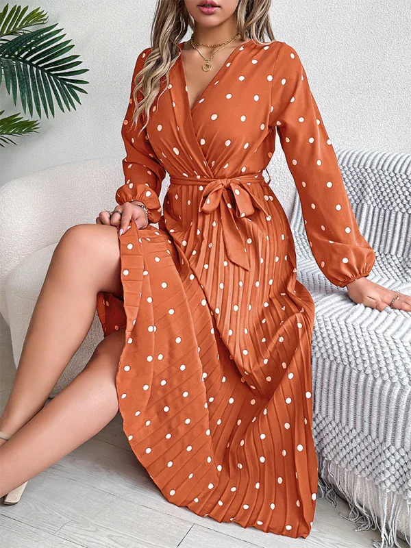 Vintage Burgundy Polka Dot Pleated Maxi Dress - View 11 | WEUXS
