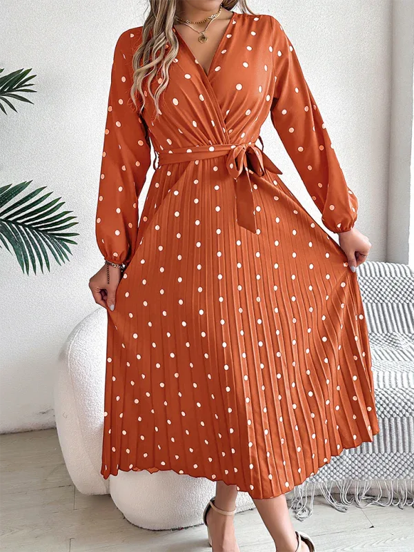 Vintage Burgundy Polka Dot Pleated Maxi Dress - View 13 | WEUXS