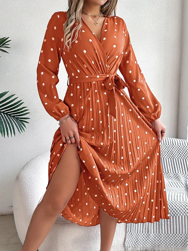 Vintage Burgundy Polka Dot Pleated Maxi Dress - View 12 | WEUXS