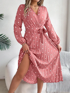 Vintage Burgundy Polka Dot Pleated Maxi Dress - WEUXS
