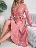 Vintage Burgundy Polka Dot Pleated Maxi Dress - WEUXS