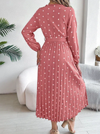 Vintage Burgundy Polka Dot Pleated Maxi Dress - WEUXS