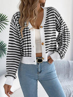 Burgundy striped knit cropped cardigan - View 11 | WEUXS