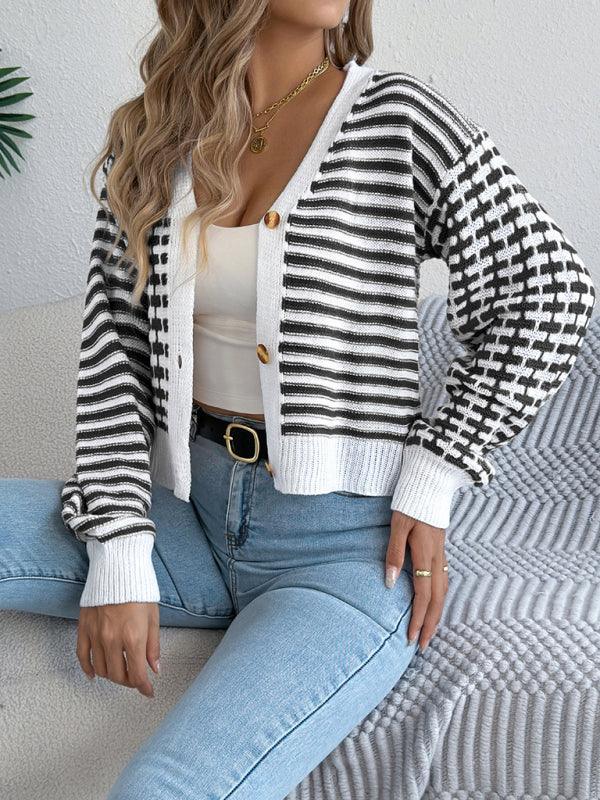 Burgundy striped knit cropped cardigan - View 9 | WEUXS