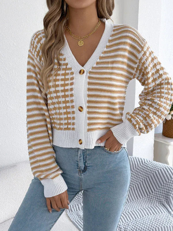 Burgundy striped knit cropped cardigan - View 7 | WEUXS