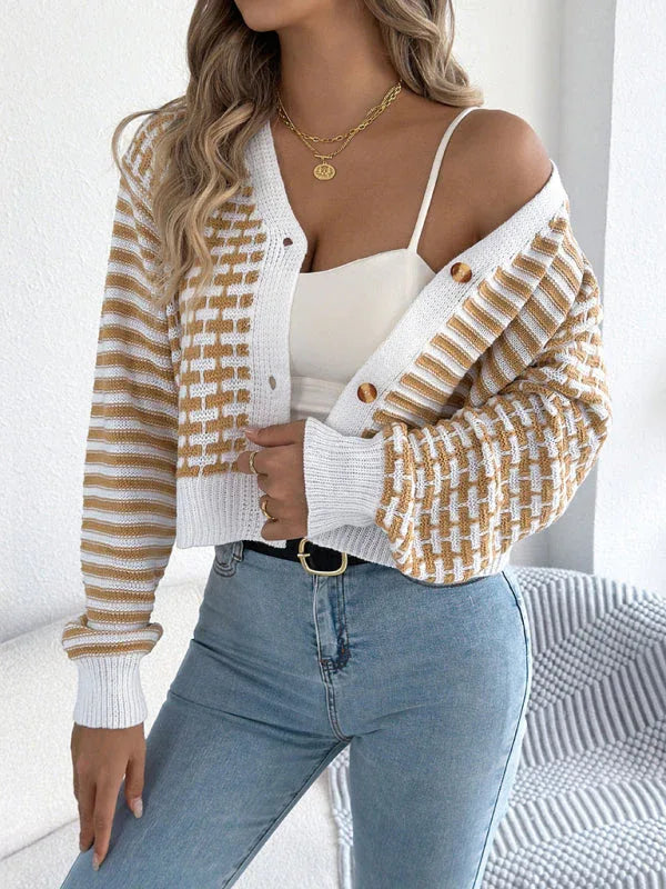 Burgundy striped knit cropped cardigan - View 8 | WEUXS