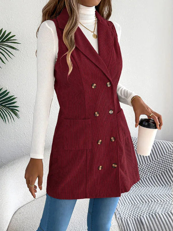 Woman holding a coffee cup while wearing a burgundy corduroy vest over a white turtleneck.