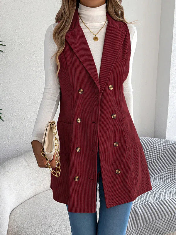 Woman wearing a longline corduroy vest in burgundy with a white turtleneck and blue jeans.