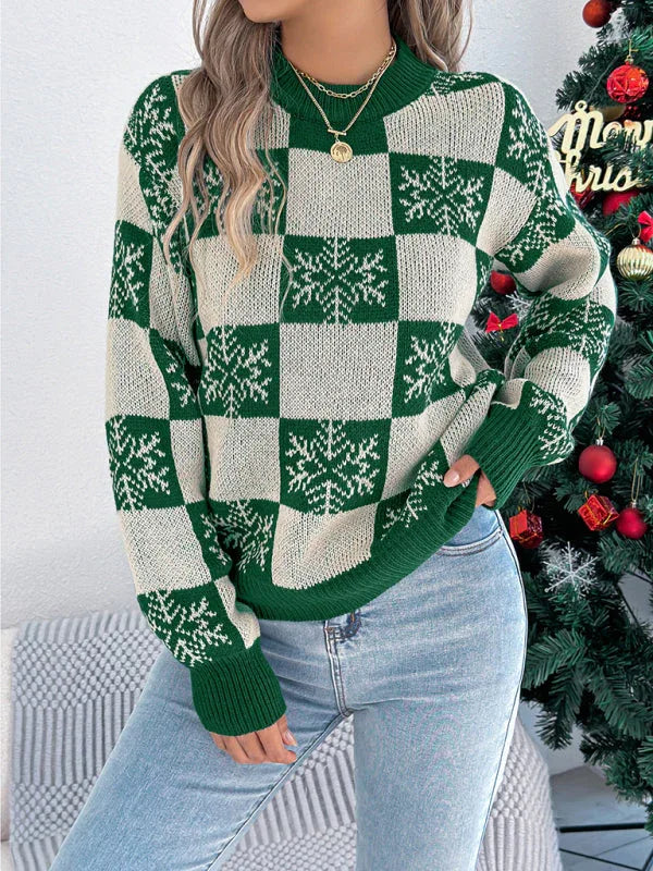 Red Snowflake Checkered Knit Sweater - View 12 | WEUXS