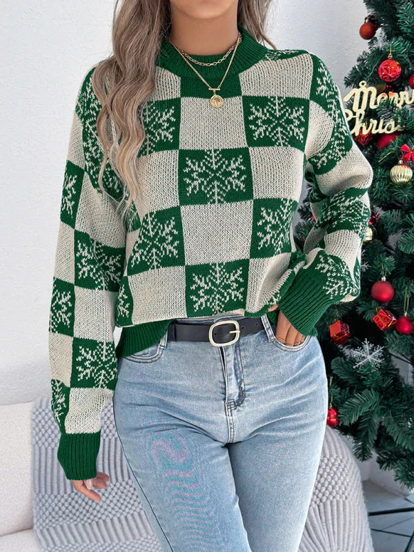 Red Snowflake Checkered Knit Sweater - WEUXS