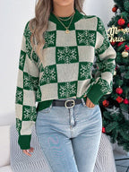 Red Snowflake Checkered Knit Sweater - WEUXS