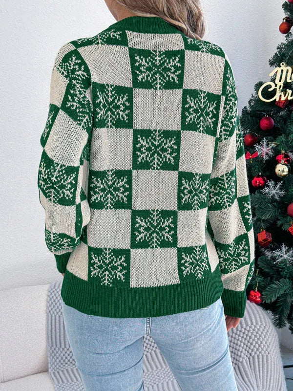 Red Snowflake Checkered Knit Sweater - WEUXS