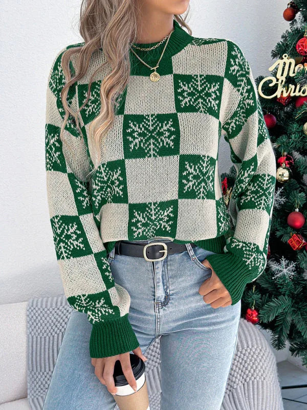 Red Snowflake Checkered Knit Sweater - WEUXS