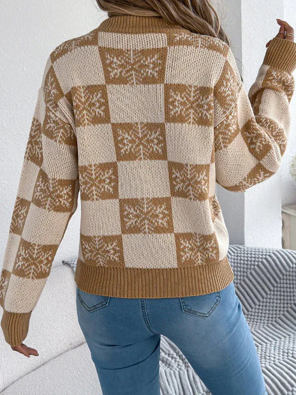 Red Snowflake Checkered Knit Sweater - View 6 | WEUXS